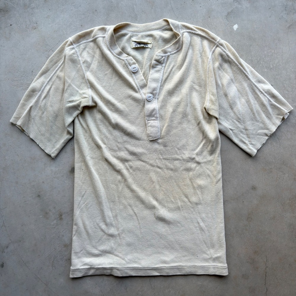 Vintage US Military Henley Undershirt Cream Wool Cotton Short Sleeve Grunge S